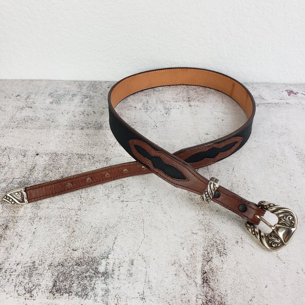 Vintage NOCONA Leather Belt Western Engraved Buckle Southwestern Boho Brown 34